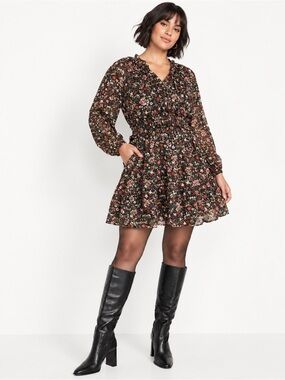 Waist Defined Long Sleeve Mini Dress - Floral Sine Plus Size